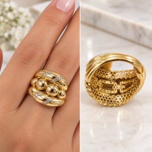 14K Gold Sculptural Beaded Statement Ring – Size 7.5