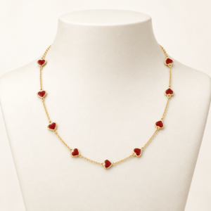 14K Gold Red Enamel Heart Station Necklace – 16”