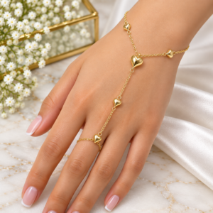 14K Gold Heart Hand Chain Bracelet
