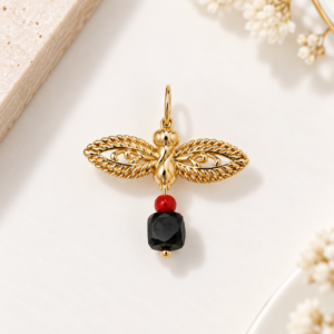 14K Gold Bee Pendant with Black & Red Accents