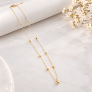 10K Gold Delicate Beaded Necklace with Ball Pendant