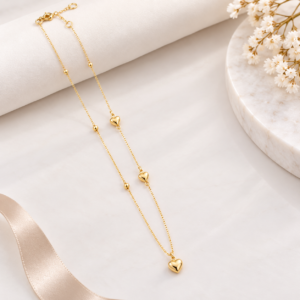 10K Gold Delicate Heart Station Necklace – 17"