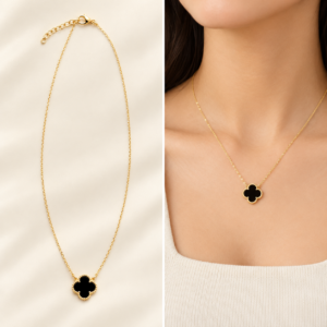 10K Gold Black Clover Necklace with Extension